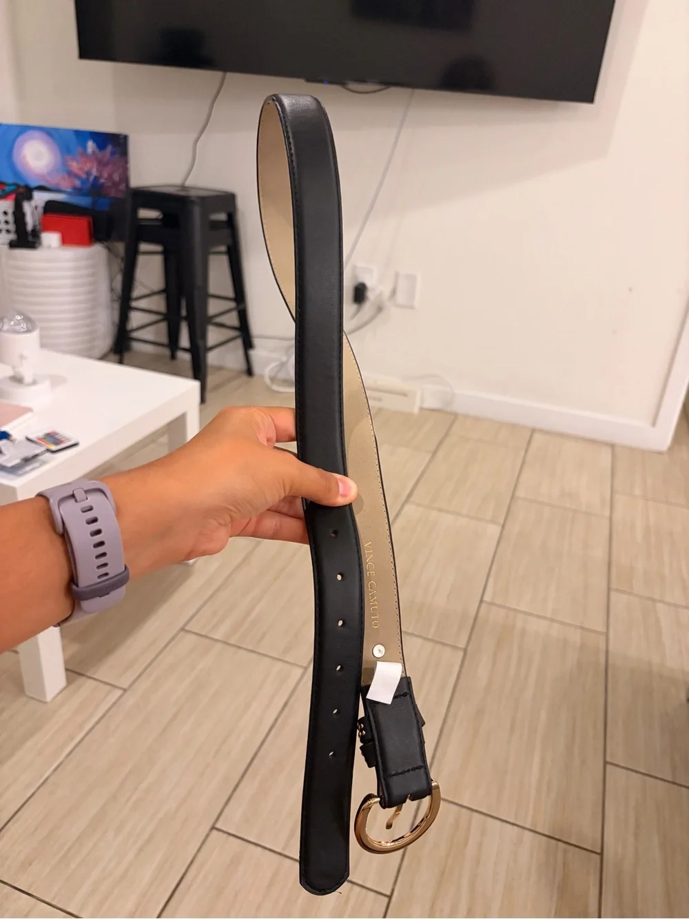 Vince Camuto Black Belt with Gold Studs and Gold Ring Buckle